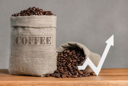 A bag of coffee beans and a chart arrow pointing up. The cost of coffee in the markets of the world. The concept of the growth of the cost of coffee beans