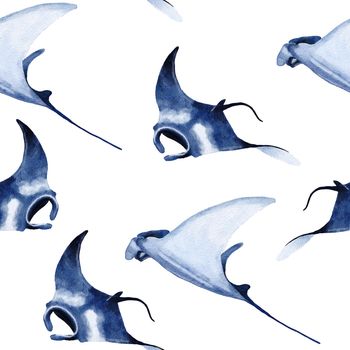 Hand drawn watercolor seamless pattern with manta ray. Sea ocean marine animal, nautical underwater endangered mammal species. Blue gray illustration for fabric nursery decor, under the sea prints.