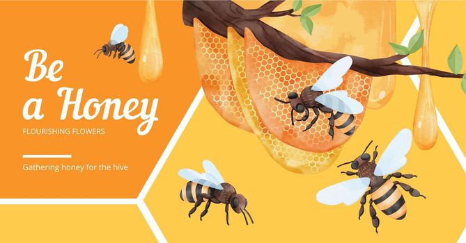 Facebook ads template with honey bee concept,watercolor style