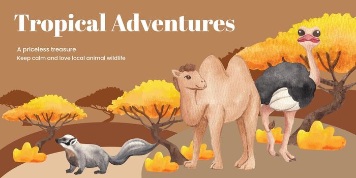 Blog header template with tropical wildlife concept,watercolor style