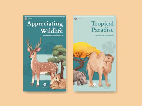 Instagram template with tropical wildlife concept,watercolor style