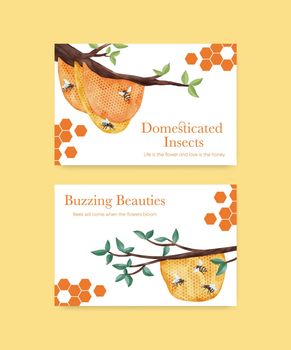 Facebook post template with honey bee concept,watercolor style