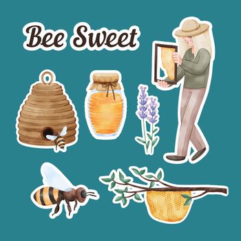 Sticker template with honey bee concept,watercolor style