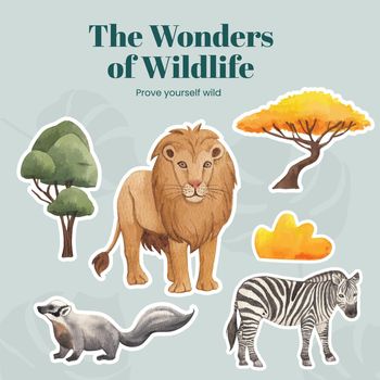 Sticker template with tropical wildlife concept,watercolor style