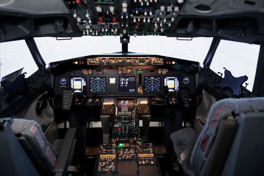 Nobody in empty captain cabin with dashboard navigation