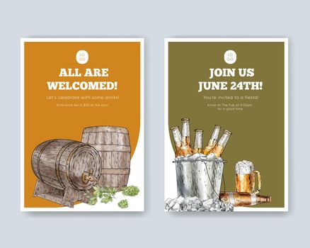 Invitation card template with craft beer concept,watercolor style