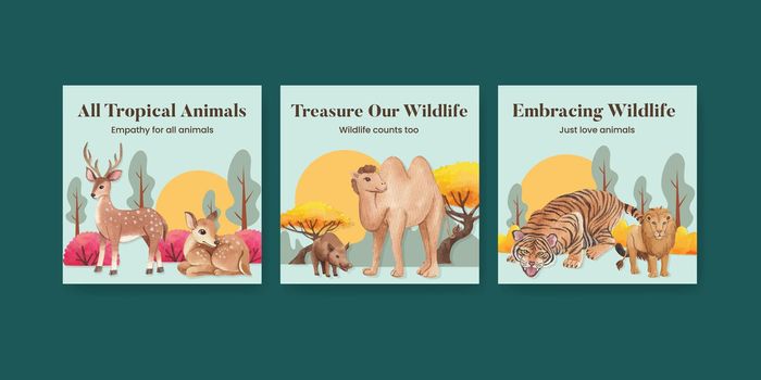 Banner template with tropical wildlife concept,watercolor style