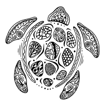 Zentangle stylized cartoon turtle. Hand drawn sketch for adult antistress coloring page, T-shirt, logo or tattoo with doodle, zentangle.
