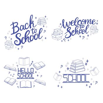 Set of school supplies composition. Back to school lettering. Children's subjects for study.