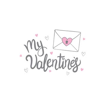 happy Valentine's day. Hand drawn brush pen lettering on gold and grey glittering hearts background. design for holiday greeting card .