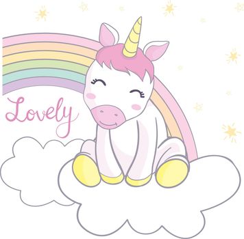 Cute magical unicorn on rainbow. Cartoon fairytale character for greeting card, invitation, print, poster.