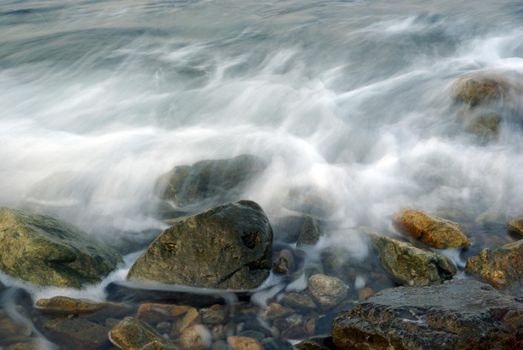 Turbulence sea water and rock at Coastline 