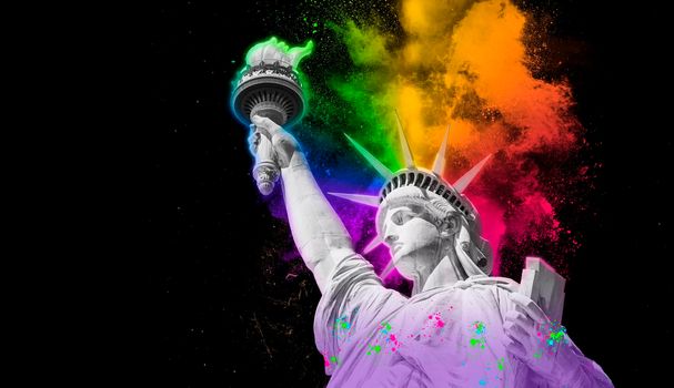Statue of Liberty with colorful rainbow holi paint powder explosion isolated on black background
