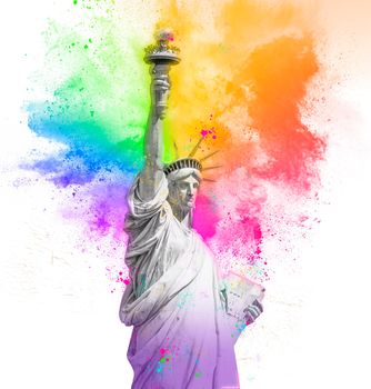 Statue of Liberty with colorful rainbow holi paint powder explosion isolated on white background