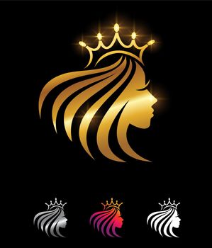A vector Illustration set of Golden Crown and Beauty Vector Sign in black background with gold shine effect for luxury and royal logo sign
