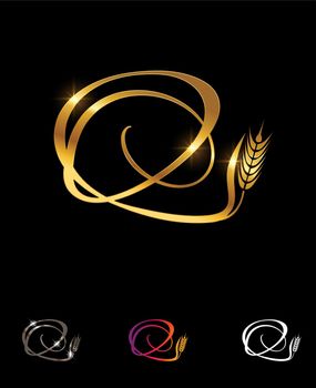 Golden Wheat and Grain Monogram Initial Letter Q