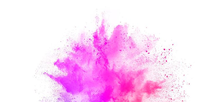 Pink holi paint powder explosion isolated on white background