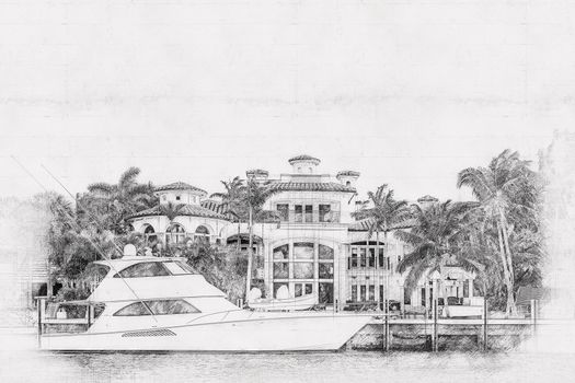 Luxury Waterfront Mansion in Fort Lauderdale Florida, hand drawn style pencil sketch