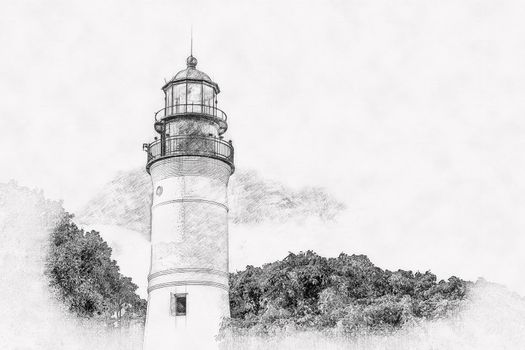 Key West Lighthouse, Florida USA, hand drawn style pencil sketch