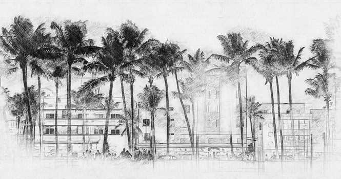 Miami Beach Ocean Drive hotels and restaurants at sunset. City skyline with palm trees at night. hand drawn style pencil sketch