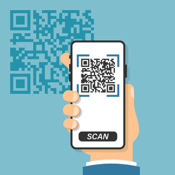 QR code scan icon in flat style. Mobile phone scanning vector illustration on isolated background. Barcode reader sign business concept.