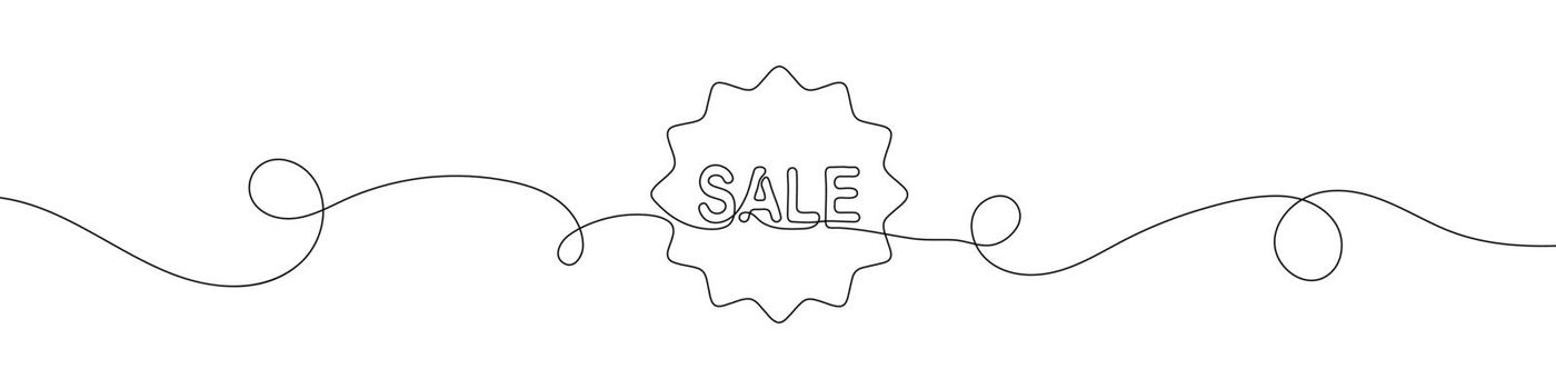 Single continuous line drawing of a sale text. One continuous line drawing of discount banner.