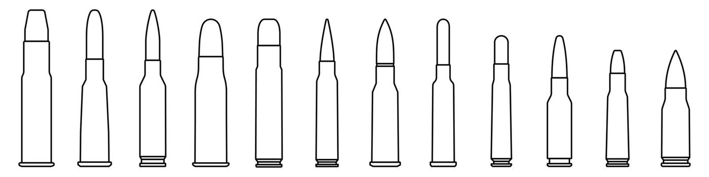 Bullet icons set. Cartridge icon in linear design. Bullet or patron silhouette.