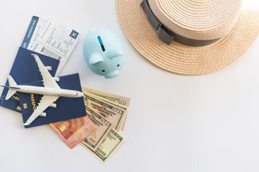 Travel or vacation money saving concept, piggy bank