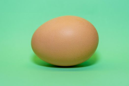 A chicken egg is horizontally positioned on a green background.