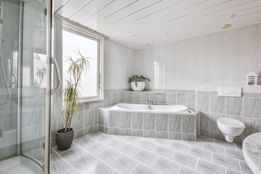 Luxury bathroom interior with marble walls