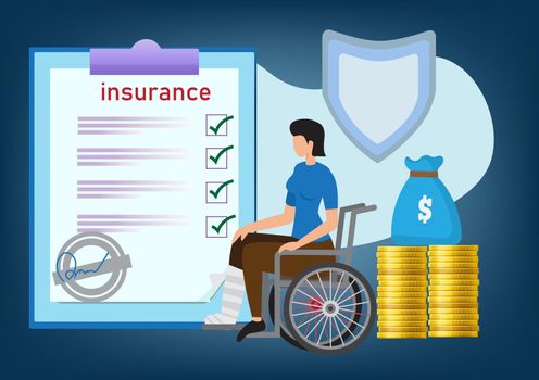 Accident insurance, a woman in a wheelchair with a bandage on her leg received a claim. from accident insurance