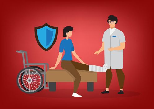 Health insurance banner with female character, broken leg sees a doctor. from accident and injury medical insurance concept vector
