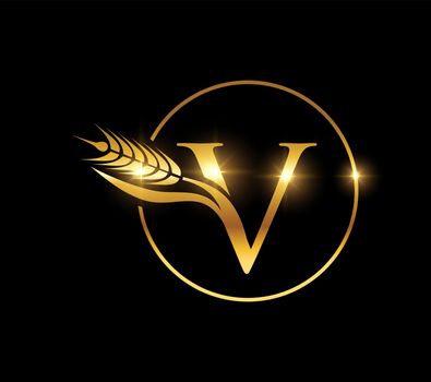 Golden Wheat Grain Monogram Initial Letter V