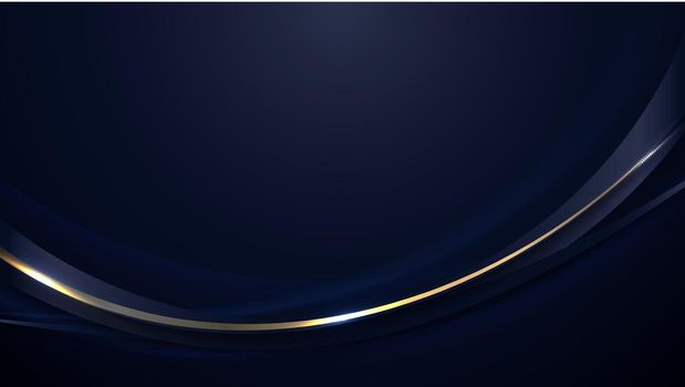 Banner web template abstract blue and golden curved lines overlapping layer design on dark blue background