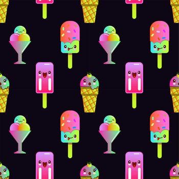 cute kawaii ice cream characters with many expressions seamless pattern, background vector EPS