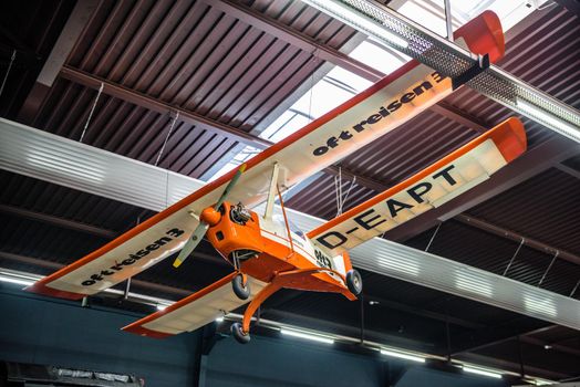 SINSHEIM, GERMANY - MAI 2022: white orange Himmelslaus experimental aircraft double winged
