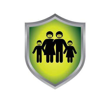 silver shield with family with medical mouth mask sign