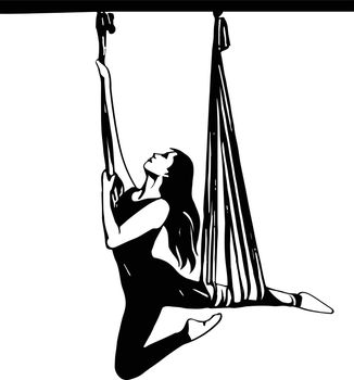 Sketch of air gymnast training, performing isolated over white studio background. Aerial silk exercises