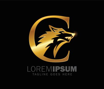 Golden Wolf Monogram Initial Letter C Logo Sign 