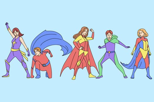 Superheroes in costumes posing