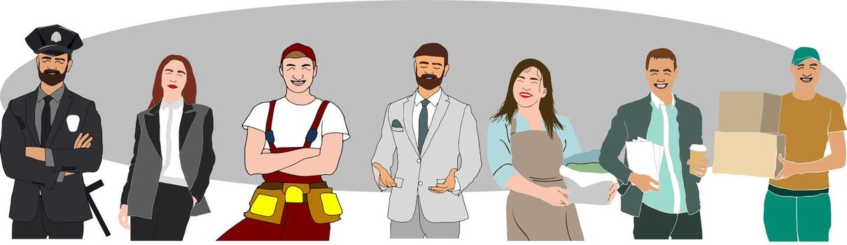 Collection of people of different professions isolated on white background. Backdrop with male and female workers. Specialists in uniform. Vector illustration in flat cartoon style