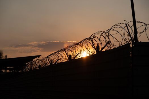 Silhouette of barbed wire fence with twilight sky. Barbed wire of restricted