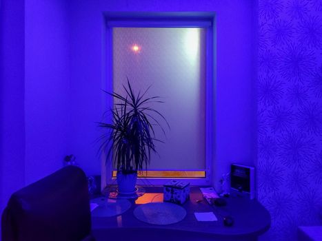 room interior in blue light. workplace at home