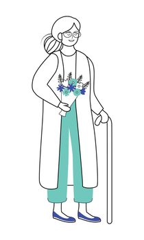 Peacefully smiling woman with cane for walking semi flat color vector character. Standing figure. Full body person on white. Simple cartoon style illustration for web graphic design and animation