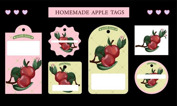 Culinary inscription stickers, apple jam labels. Culinary doodles, cooking tags for canned food or apple vector. Homemade emblems for fruit jam, master class and cafe.