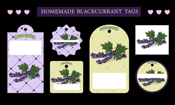 Culinary inscription stickers, blackcurrant jam labels. Culinary doodles, cooking tags for canned food or currant vector. Homemade emblems for berry jam, master class and cafe.