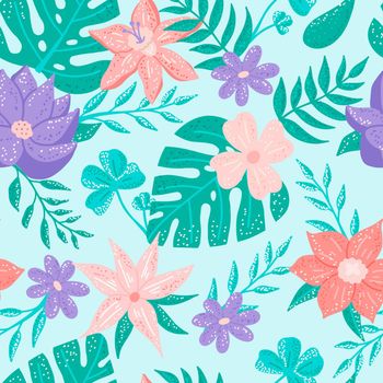 Tropical plants and flowers with texture on turquoise background, exotic seamless pattern