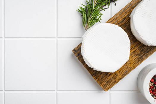 Camembert and brie cheese on white ceramic squared tile table background, top view flat lay, with copy space for text