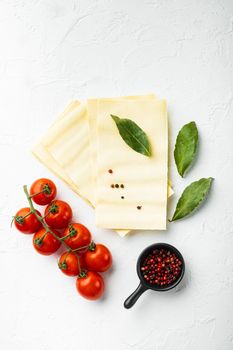 Dried uncooked lasagna pasta sheets, with seasoning and herb, on white stone background, top view, flat lay