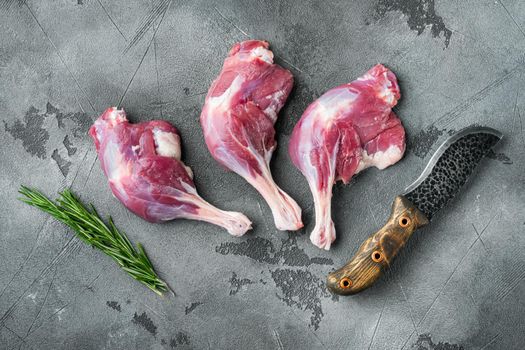 Raw duck legs. Poultry meat ready to cook, on gray stone background, top view flat lay